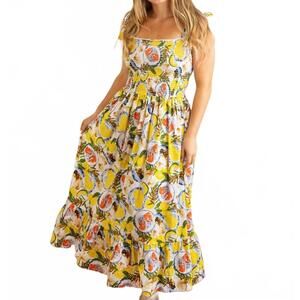 NEW 8 OAK LANE smocked tie top maxi dress in lemon santorini